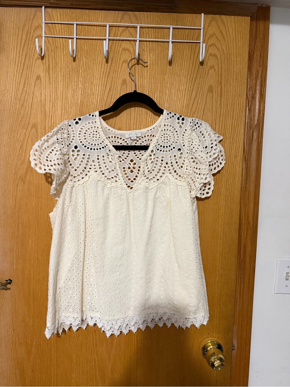Universal Thread Cream Eyelet Crochet Yoke Short Sleeve Top
